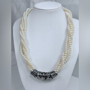 Silpada Very Rare 🦄 4-Strand FW Pearl Necklace w/Unique Oxidized Sterling Clasp